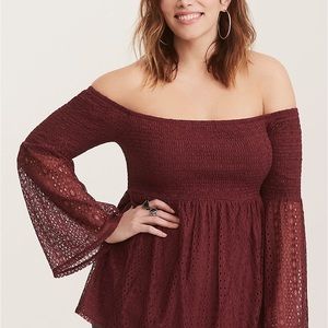 Plum smocked eyelet off shoulder